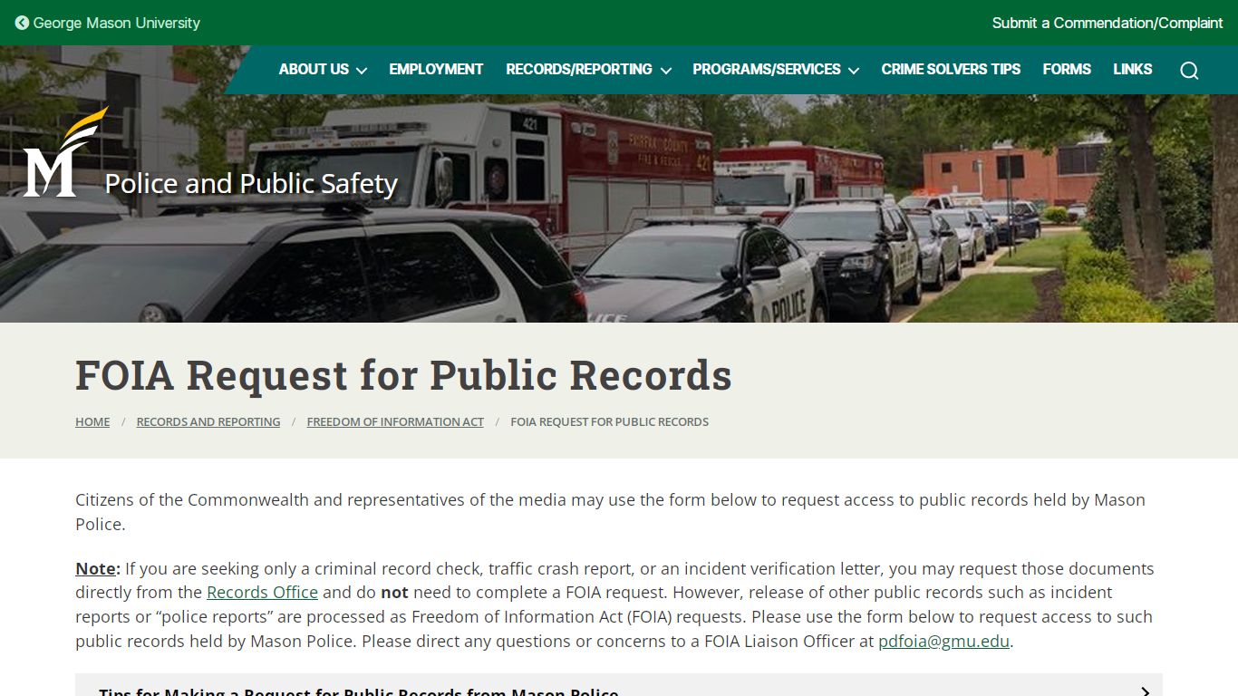 FOIA Request for Public Records – Police and Public Safety