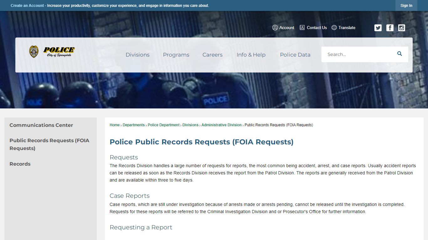 Police Public Records Requests (FOIA Requests) | Springdale, AR